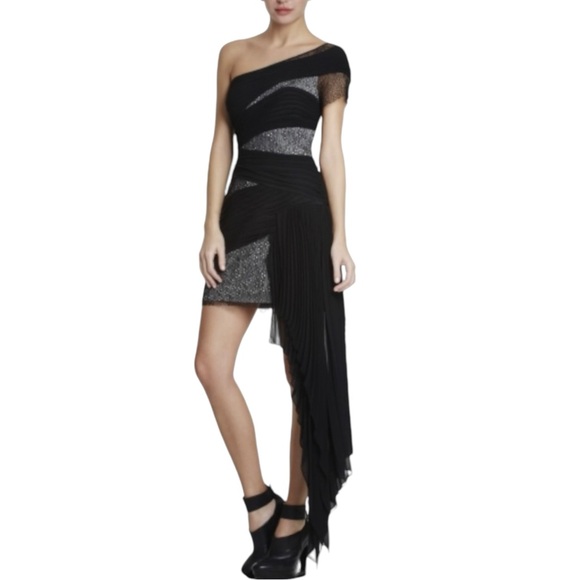 BCBGMAXAZRIA Runway One Shoulder Pleated Overlay Mini Dress. Size 8 - Picture 2 of 10